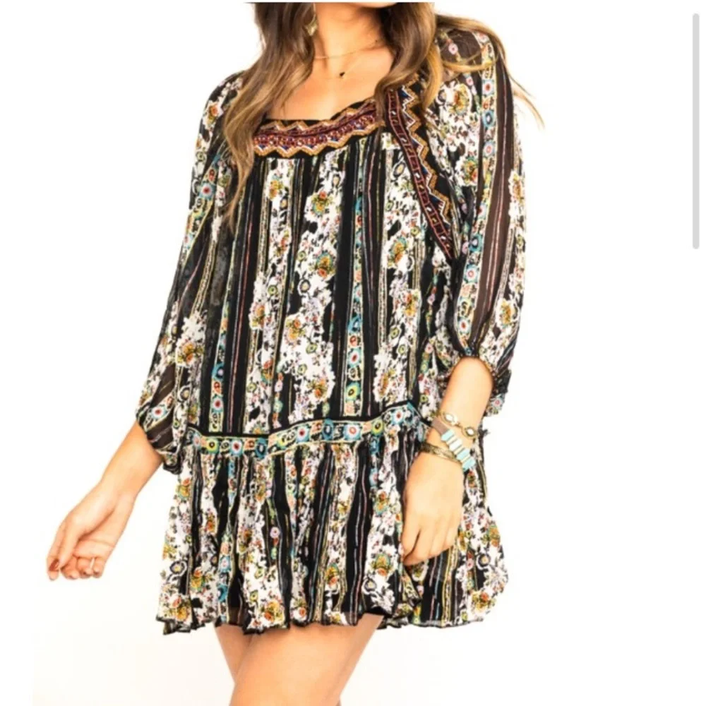 NWT✨$148 Free People Dance Magic Embroidered Sleeve Tunic Dress Black Small - Picture 3 of 10